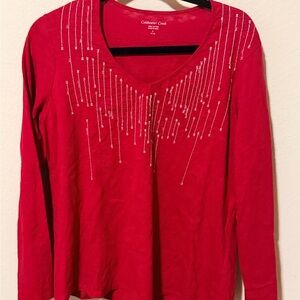 Coldwater Creek Vivid Red Embellished Long Sleeve Top